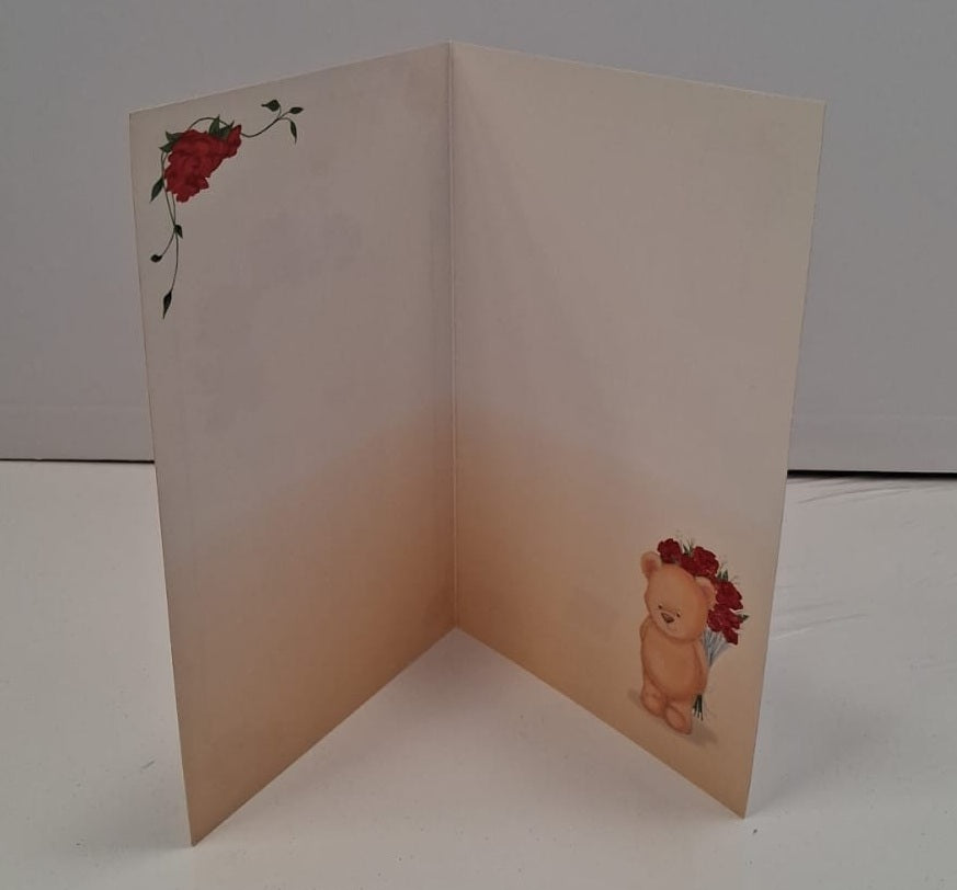 Charming Teddy Holding Red Roses Bouquet Blank Greeting Card