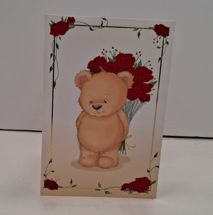 Charming Teddy Holding Red Roses Bouquet Blank Greeting Card