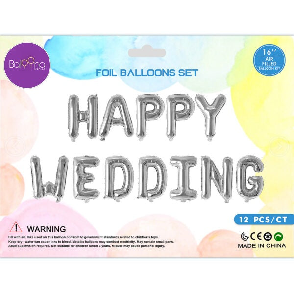 HAPPY WEDDING SILVER Foil Balloon Banner - AIR-FILLED (NON-FLYING)
