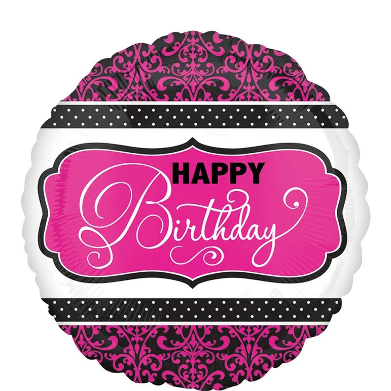 18C PINK, BLACK & WHITE BIRTHDAY FOIL BALLOON - Helium Filled