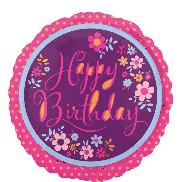 18C DAINTY FLOWER HAPPY BIRTHDAY FOIL BALLOON - Helium Filled