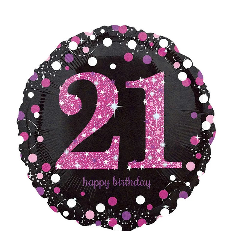 18C PINK CELEBRATION 21 HOLOGRAPHIC FOIL BALLOON - Helium Filled