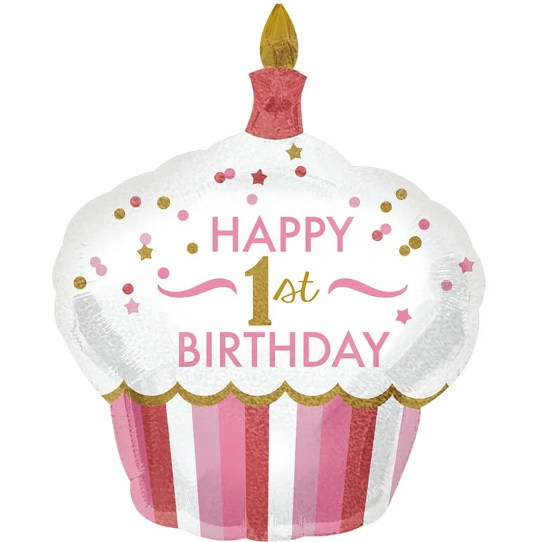 SS 1ST BIRTHDAY CUPCAKE GIRL HOLOGRAPHIC FOIL BALLOON - Helium Filled