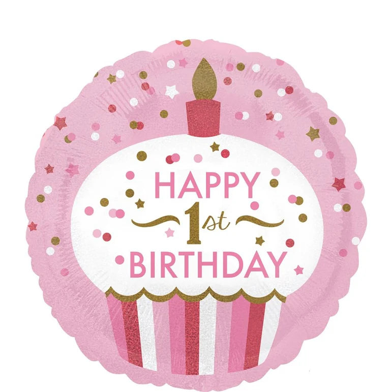 18C 1ST BIRTHDAY CUPCAKE GIRL HOLOGRAPHIC FOIL BALLOON - Helium Filled