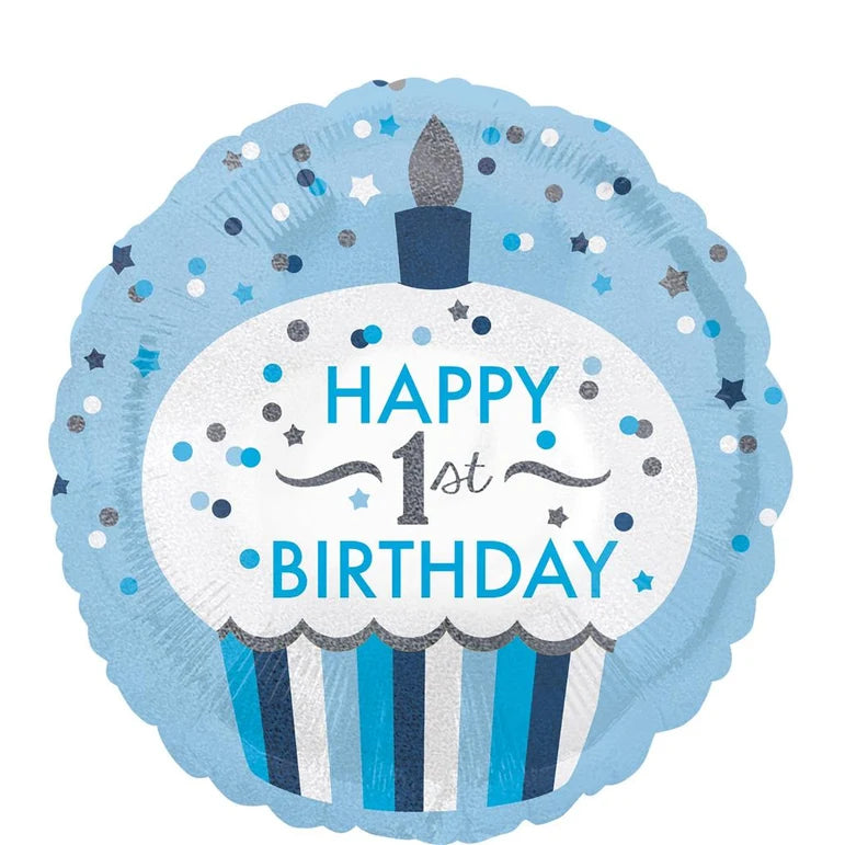 18C 1ST BIRTHDAY CUPCAKE BOY HOLOGRAPHIC FOIL BALLOON - Helium Filled