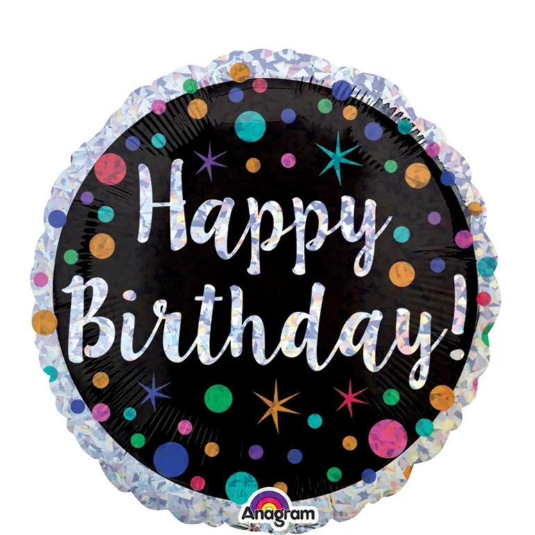 18C POLKA DOT BIRTHDAY HOLOGRAPHIC FOIL BALLOON - Helium Filled
