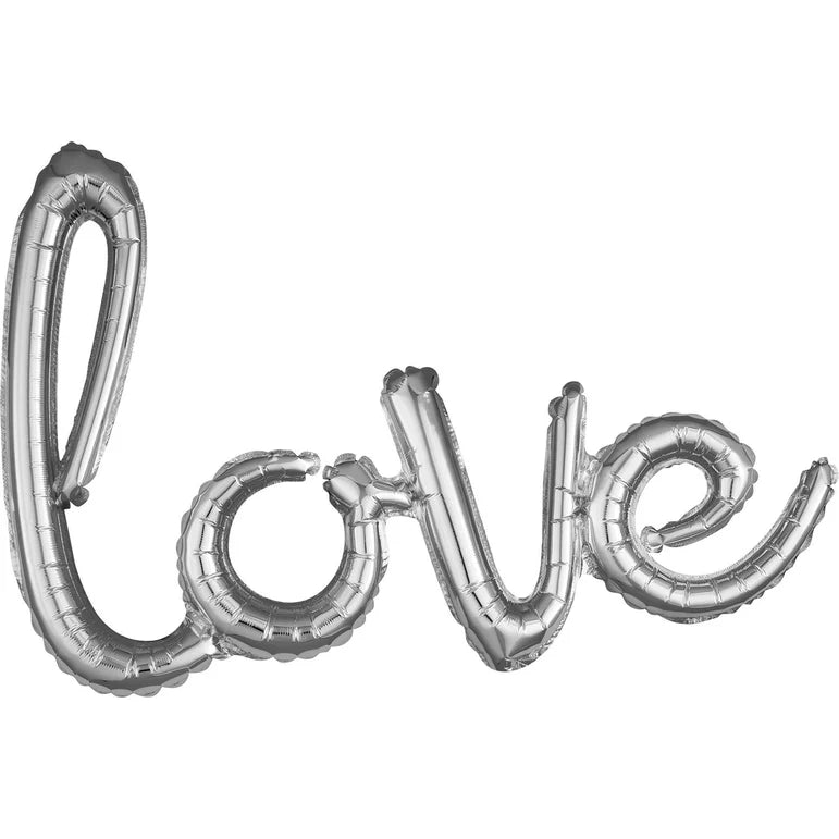 LOVE SCRIPT SILVER Foil Balloon Banner - AIR-FILLED (NON-FLYING)