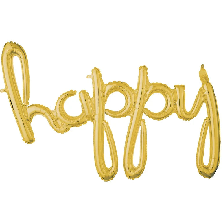 HAPPY SCRIPT GOLD Foil Balloon Banner - AIR-FILLED (NON-FLYING)