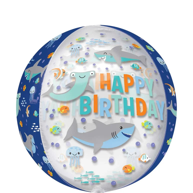 HAPPY BIRTHDAY SHARKS ORBZ FOIL BALLOONS - Helium Filled