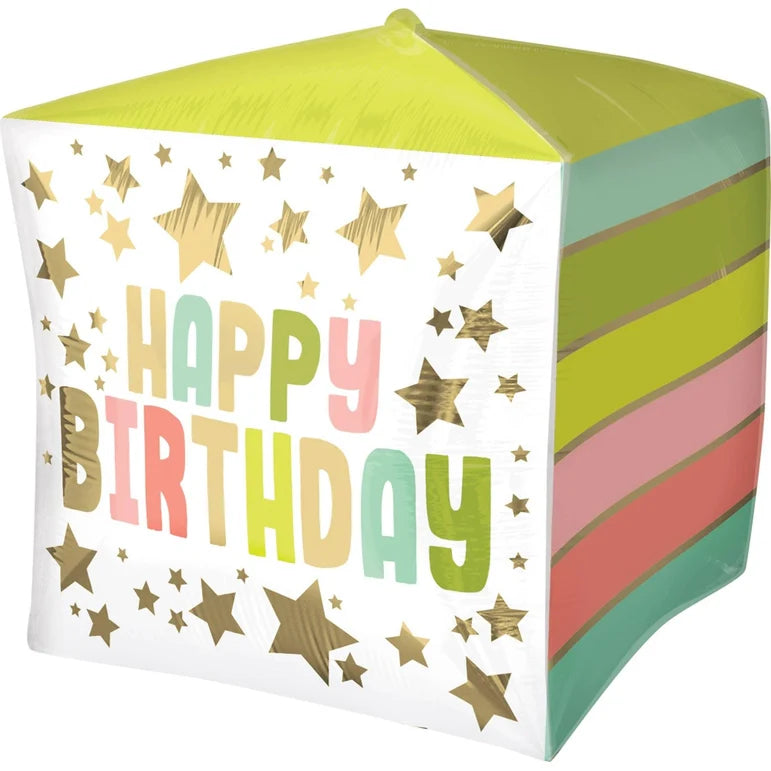 BIRTHDAY GOLD STARS & COLORS CUBEZ FOIL BALLOONS HELIUM Filled