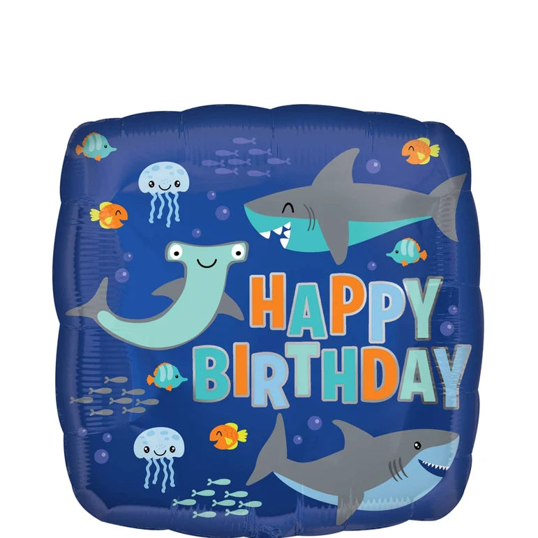 18 HAPPY BIRTHDAY SHARK SQUARE FOIL BALLOON - Helium Filled