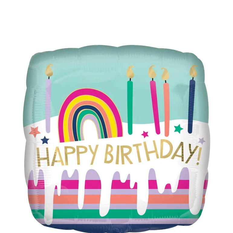 18 HAPPY BIRTHDAY FROSTED STRIPED CAKE SQUARE FOIL BALLOON - Helium Filled