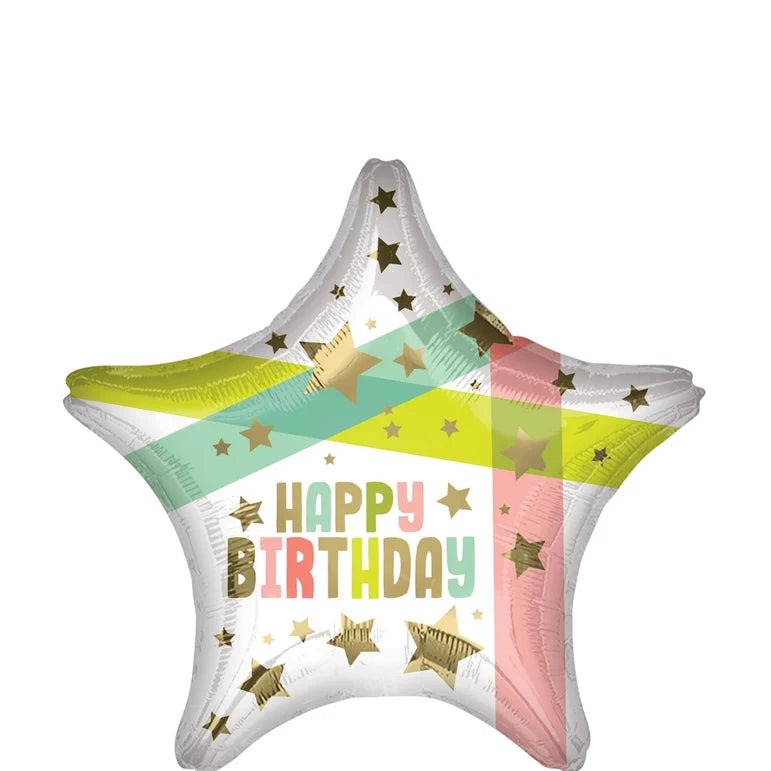 18S HAPPY BIRTHDAY GOLD STARS &amp; COLORS FOIL BALLOON - Helium Filled