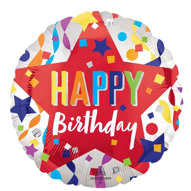18C HAPPY BIRTHDAY STAR SATIN FOIL BALLOON - Helium Filled