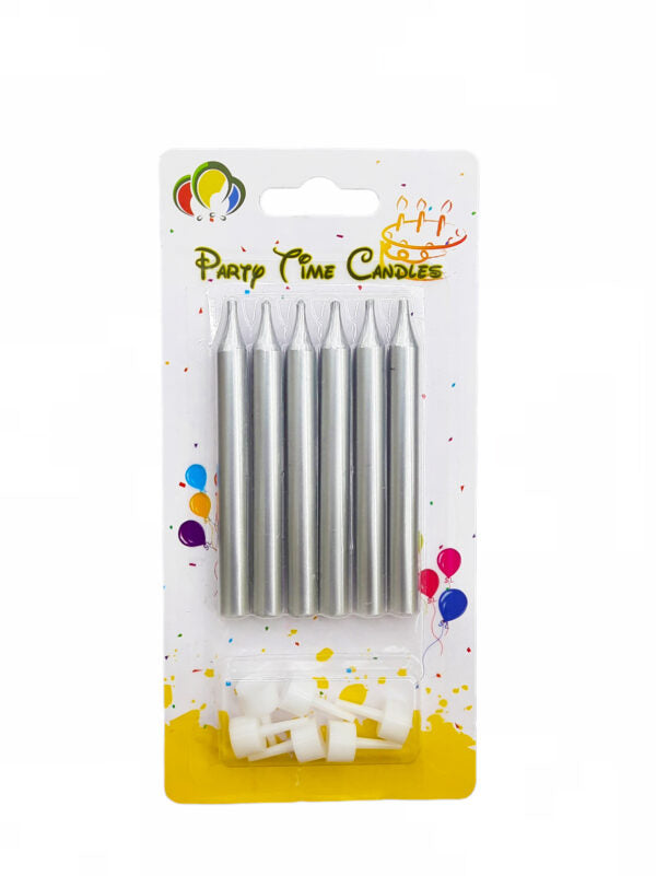 Shiny Silver Single Party Candles/Cake Topper - 6pcs