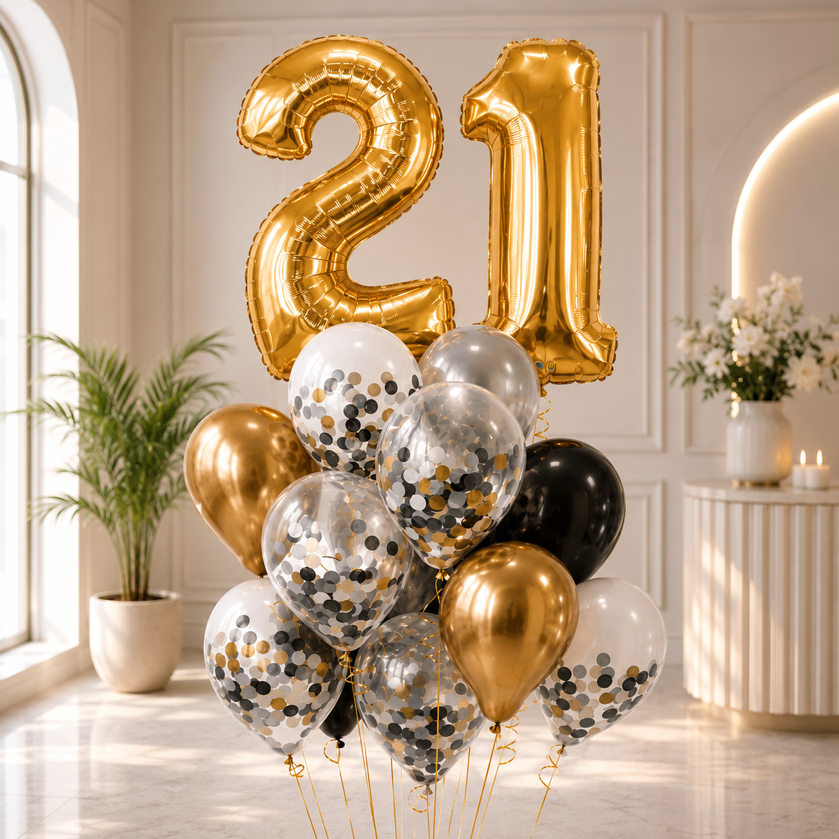 Any Two Number Glam Party Chrome Silver and Gold Confetti Balloon Bouquet