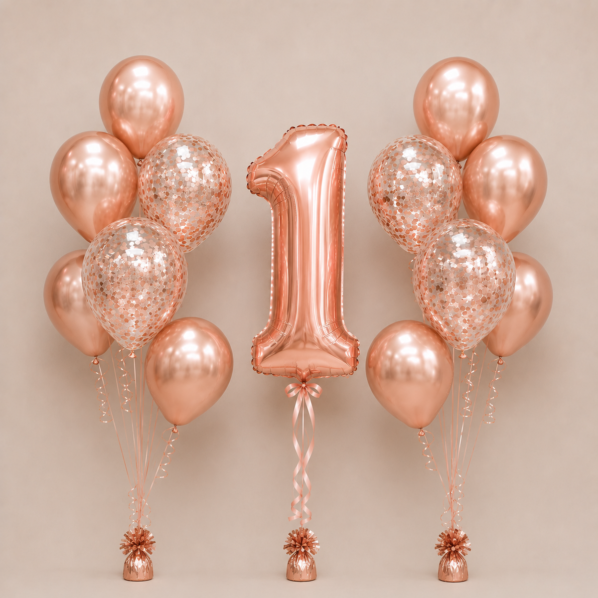 Any Number Princess Chrome RoseGold Confetti Balloon Bouquet