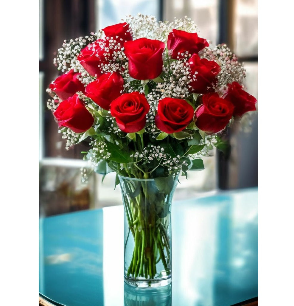 Velvet Petals Red Roses Flower Arrangement on a Glass Vase
