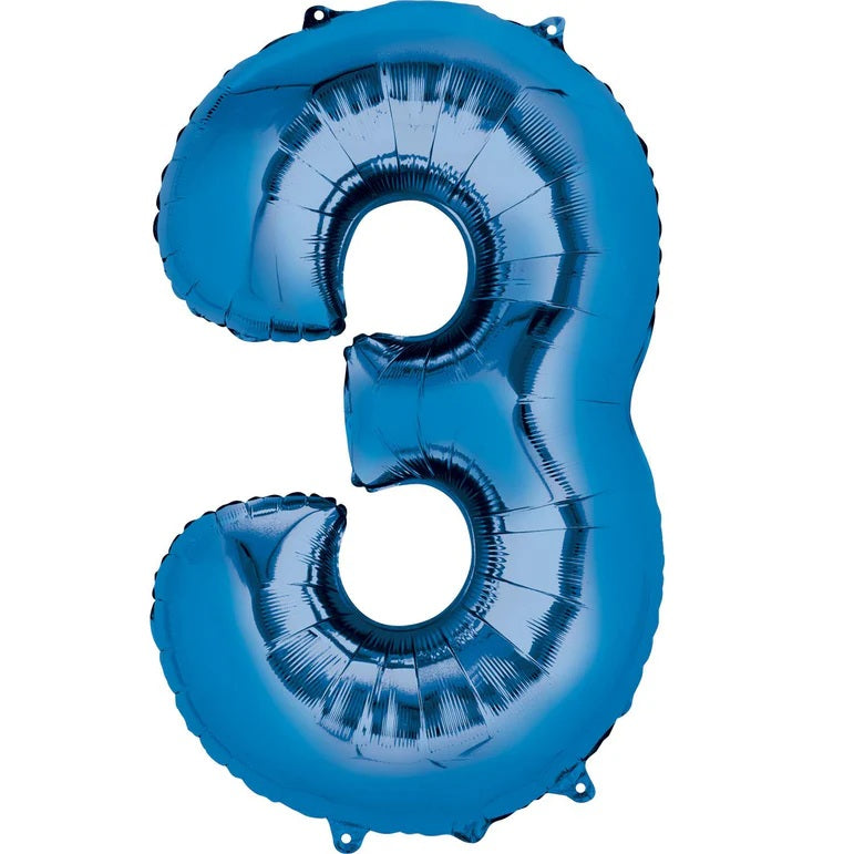 Three Blue Number Foil Balloon - Helium Filled with String