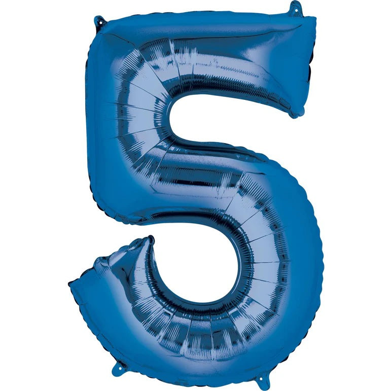 Five Blue Number Foil Balloon - Helium Filled with String