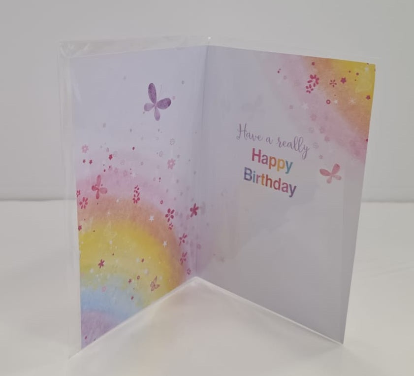 Happy Birthday Rainbow Butterfly Flowers Greeting Card