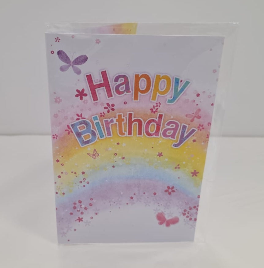 Happy Birthday Rainbow Butterfly Flowers Greeting Card