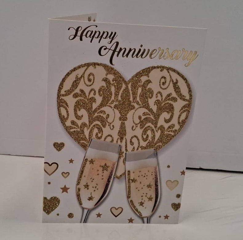 Happy Anniversary Glittery Heart & Champagne Glass Greeting Card