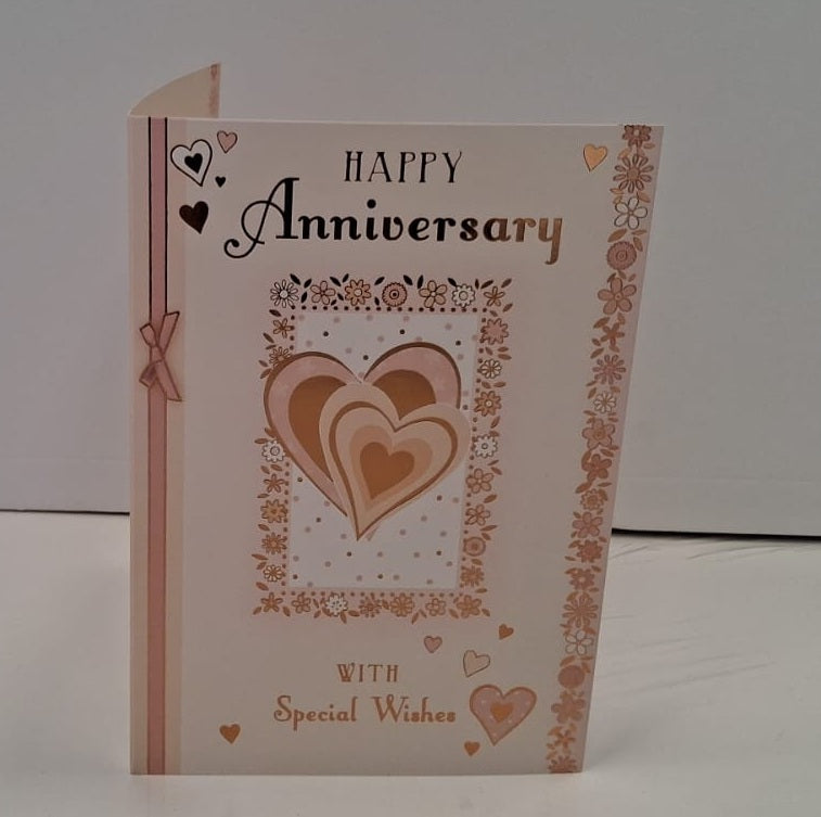 HAPPY Anniversary WITH Special Wishes Double Heart & Flowers Greeting Card
