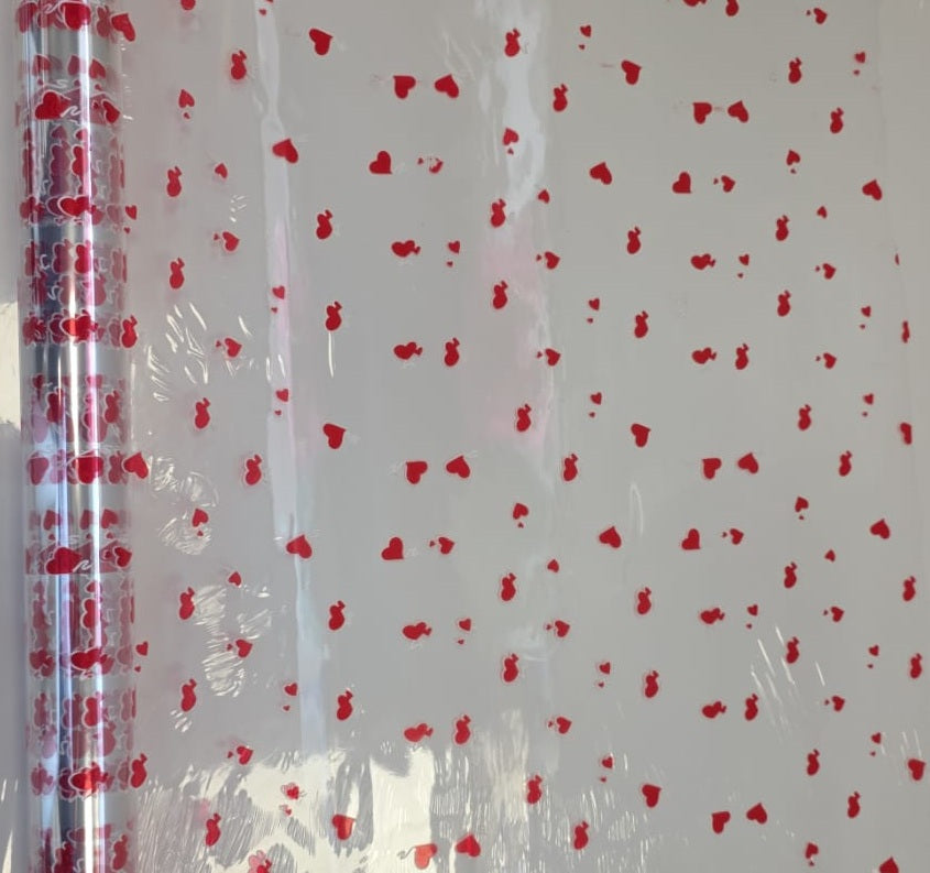 Plastic Clear Red Heart Print Gift Wrapper - per meter