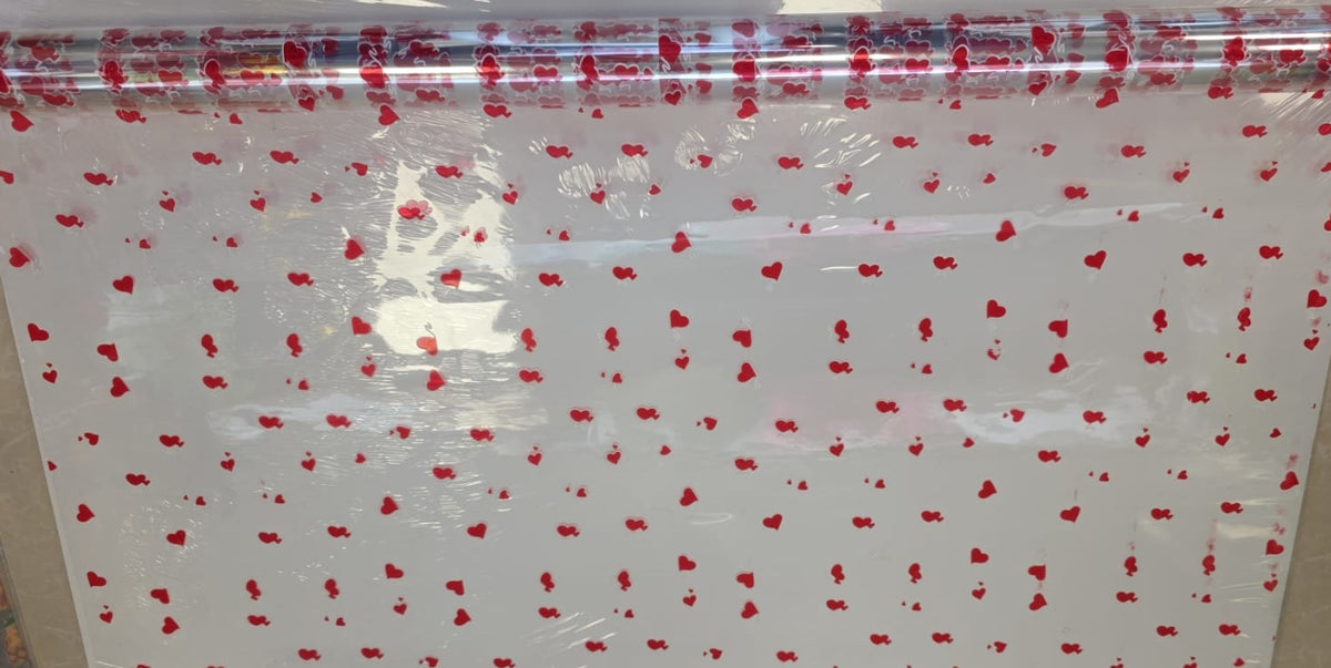 Plastic Clear Red Heart Print Gift Wrapper - per meter