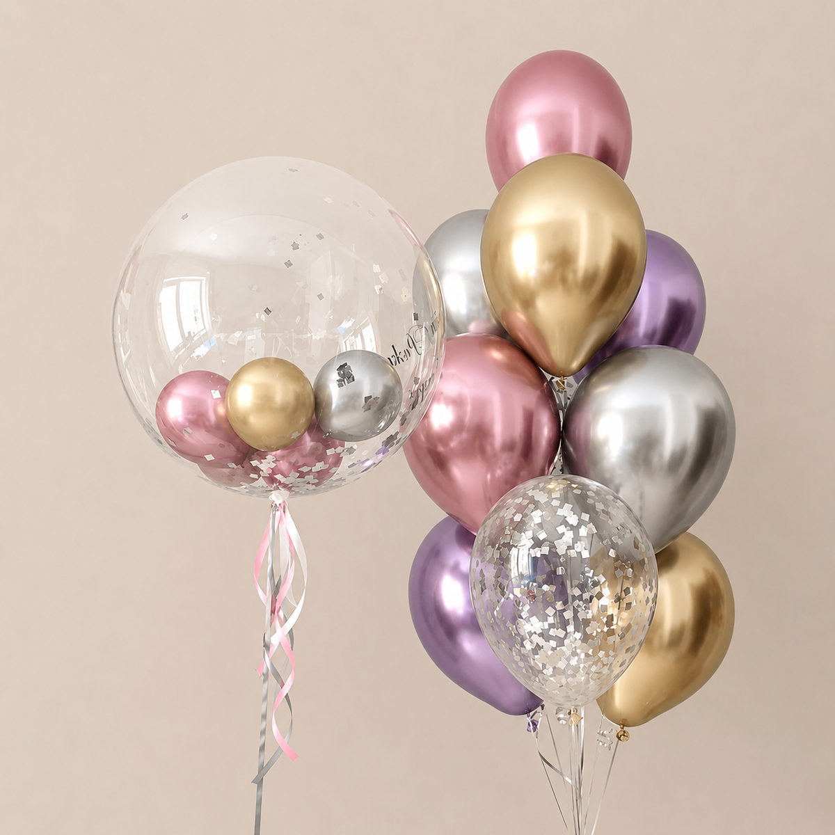 Elegant Chrome Confetti Custom Text Balloon Bouquet Set