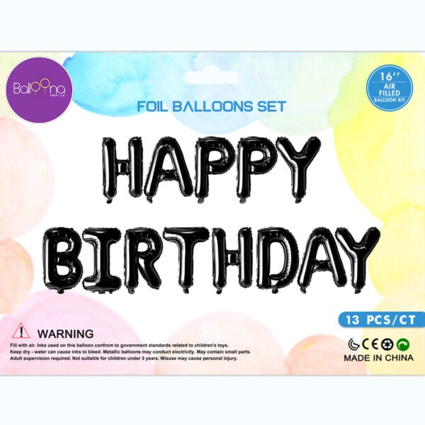 HAPPY BIRTHDAY BLACK Foil Balloon Banner - AIR-FILLED (NON-FLYING)