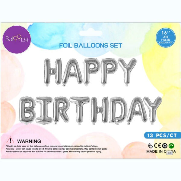 HAPPY BIRTHDAY SILVER Foil Balloon Banner - AIR-FILLED (NON-FLYING)