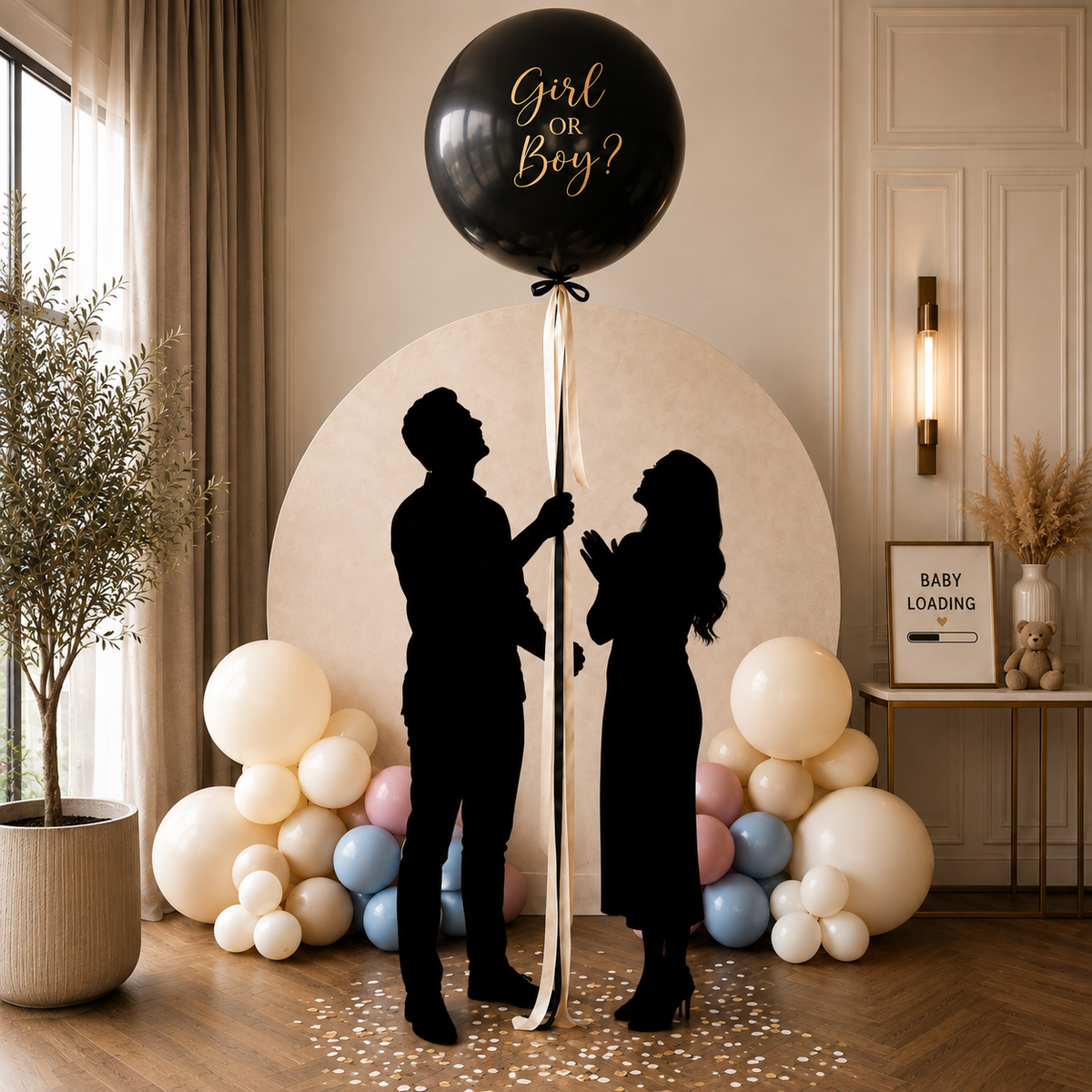 30inches Gender Reveal Latex on a Round Backdrop with Cloud Organic Classic Cluster