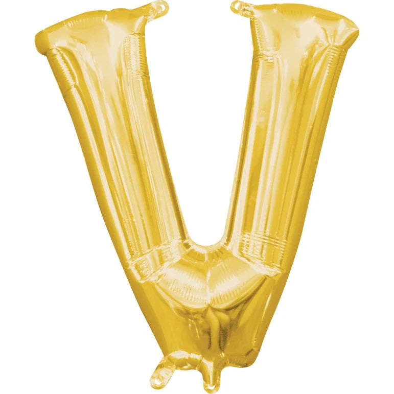 V Gold Letter Foil Balloon - Helium Filled with String