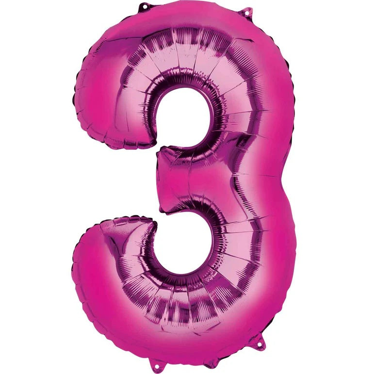 Three Magenta Number Foil Balloon - Helium Filled with String