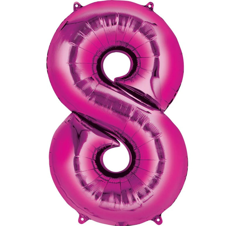 Eight Magenta Number Foil Balloon - Helium Filled with String