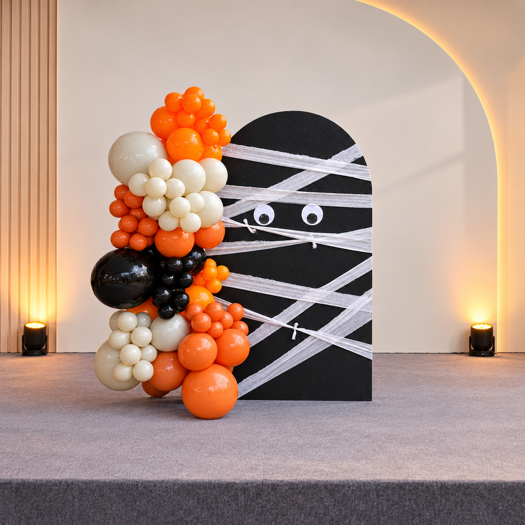 Mummy Boo Halloween Party Organic Balloon Arrangement with Backdrop (Rental)