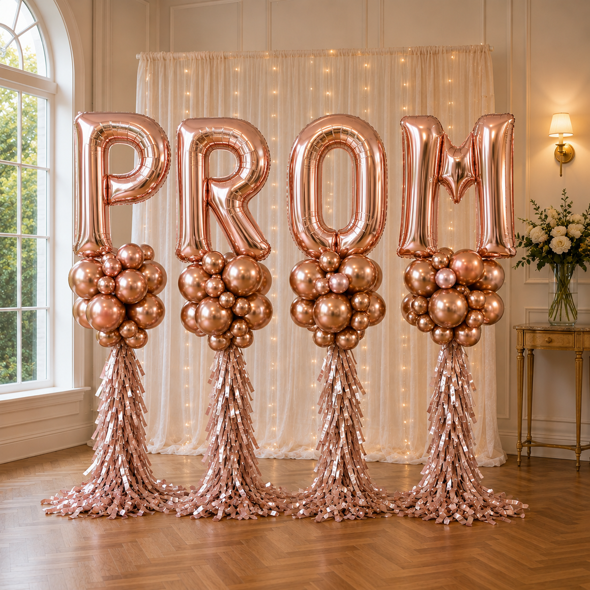 Any Four Letter Glam PROM Rosegold Balloon Standee Arrangement PRE ORDER 1 DAY In ADVANCE