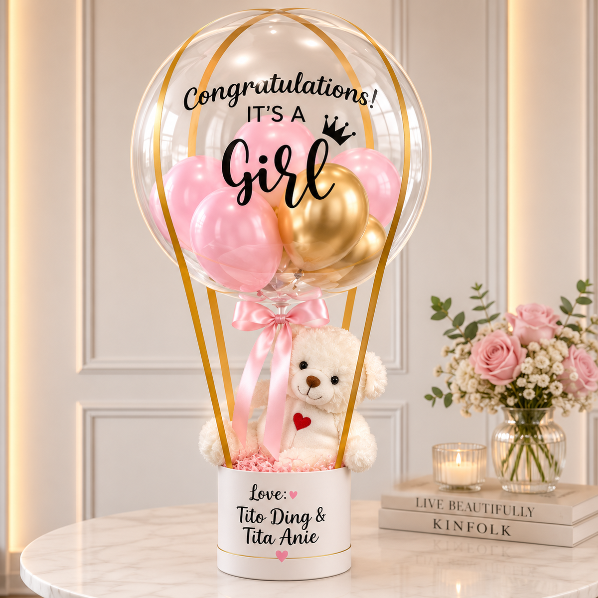Congratulations It's A Girl 24inches Customized Clear with Small balloons inside Flower with Teddy Hot Air