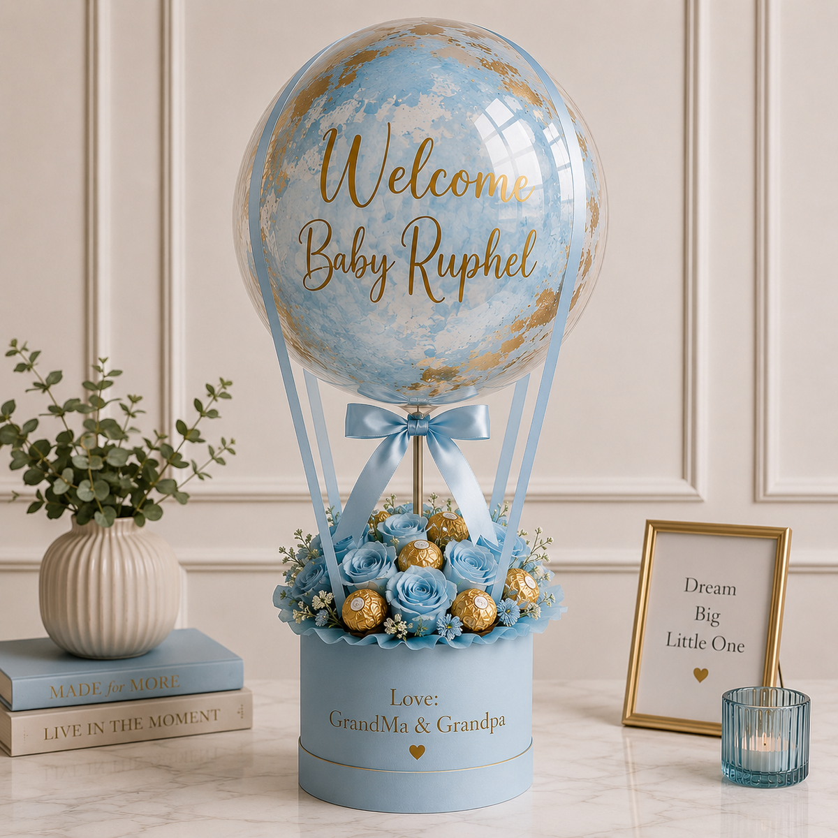 Welcome Baby Boy 24inches Customized Clear with Colored Paint inside Flower with Ferrero Hot Air