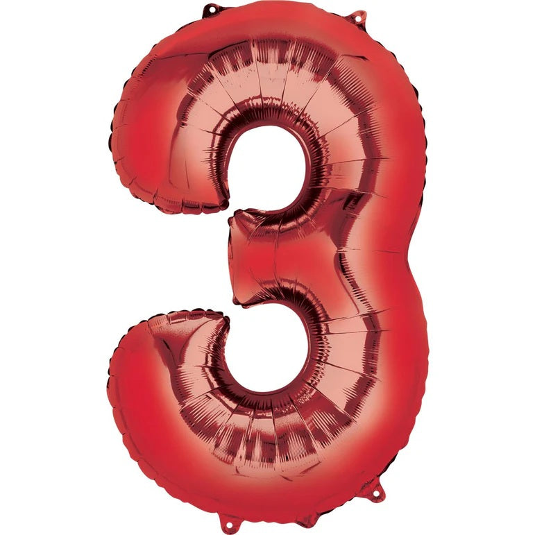 Three Red Number Foil Balloon - Helium Filled with String
