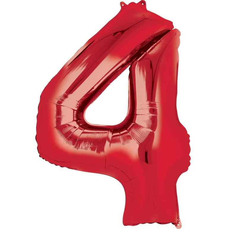 Four Red Number Foil Balloon - Helium Filled with String