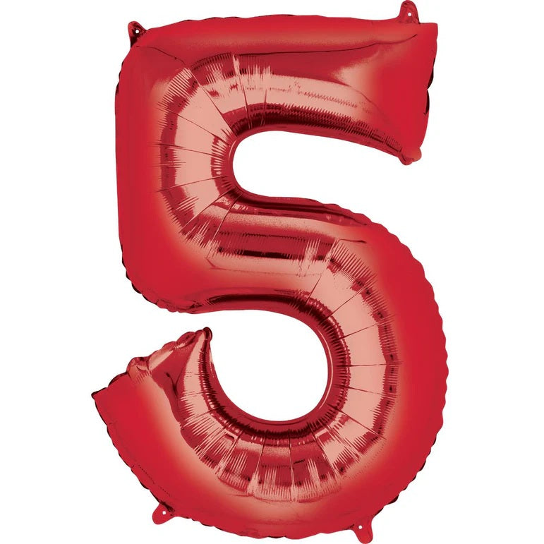 Five Red Number Foil Balloon - Helium Filled with String