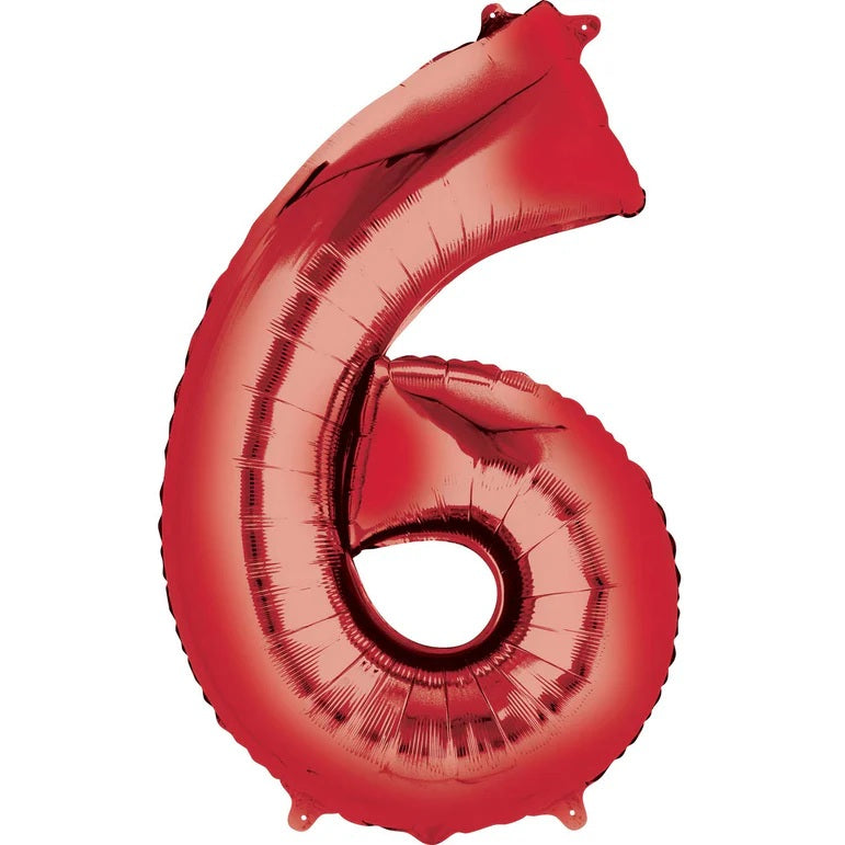 Six Red Number Foil Balloon - Helium Filled with String