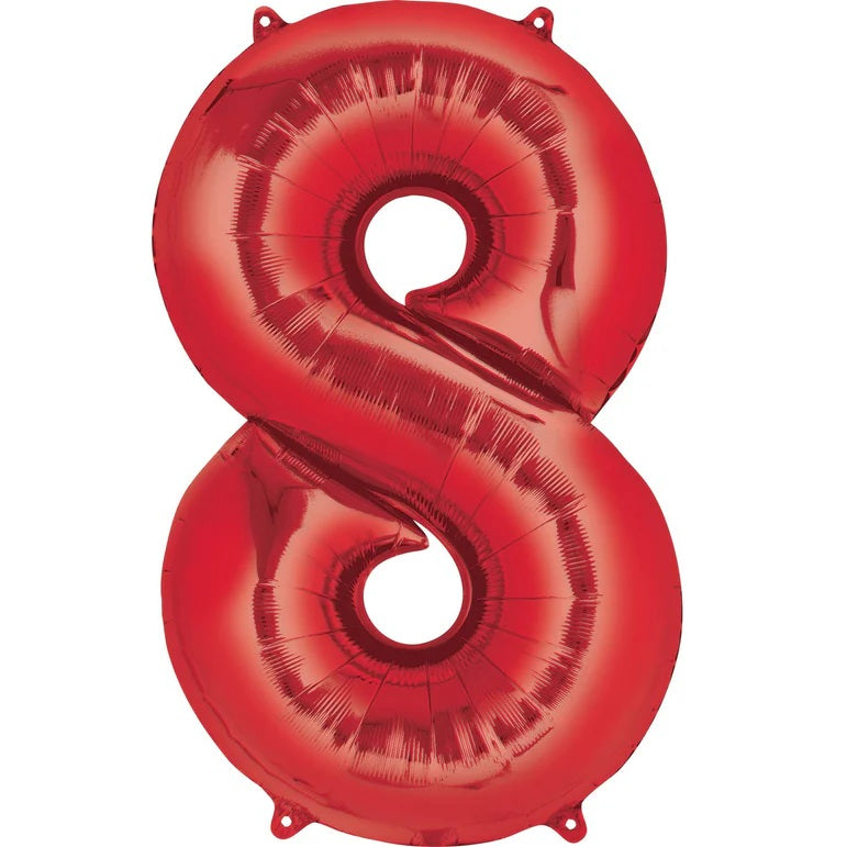 Eight Red Number Foil Balloon - Helium Filled with String