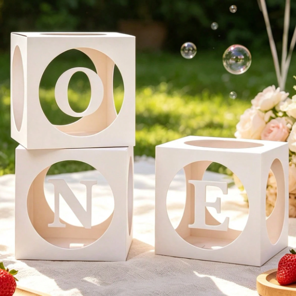 White ONE Letter Balloon Box (Baby 1st Birthday Decoration) (inside Balloons Included)