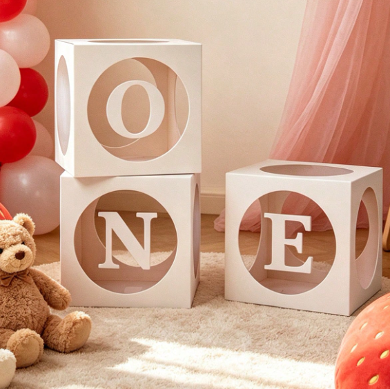 White ONE Letter Balloon Box (Baby 1st Birthday Decoration) (inside Balloons Included)