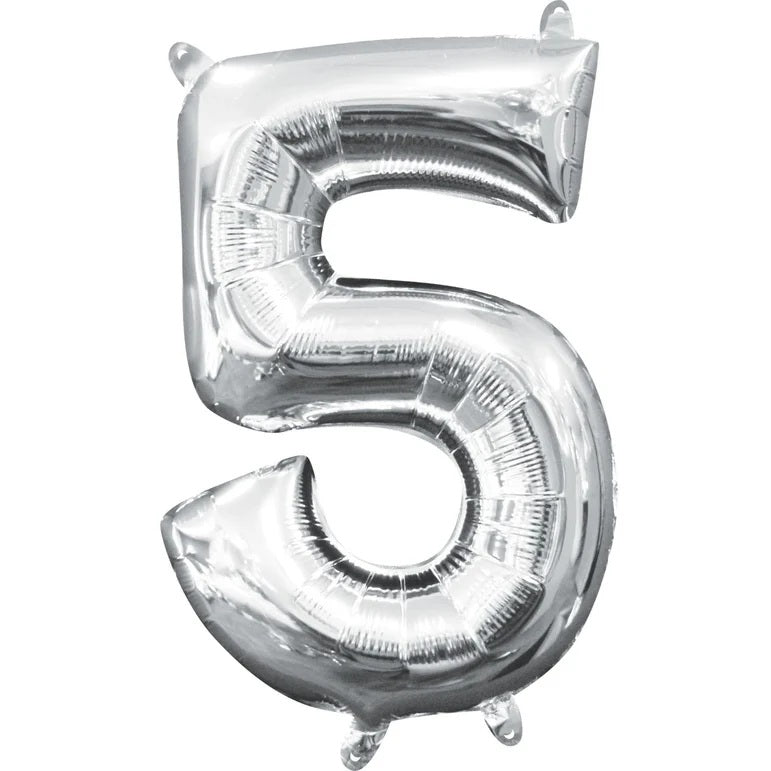 Five Silver Number Foil Balloon - Helium Filled with String