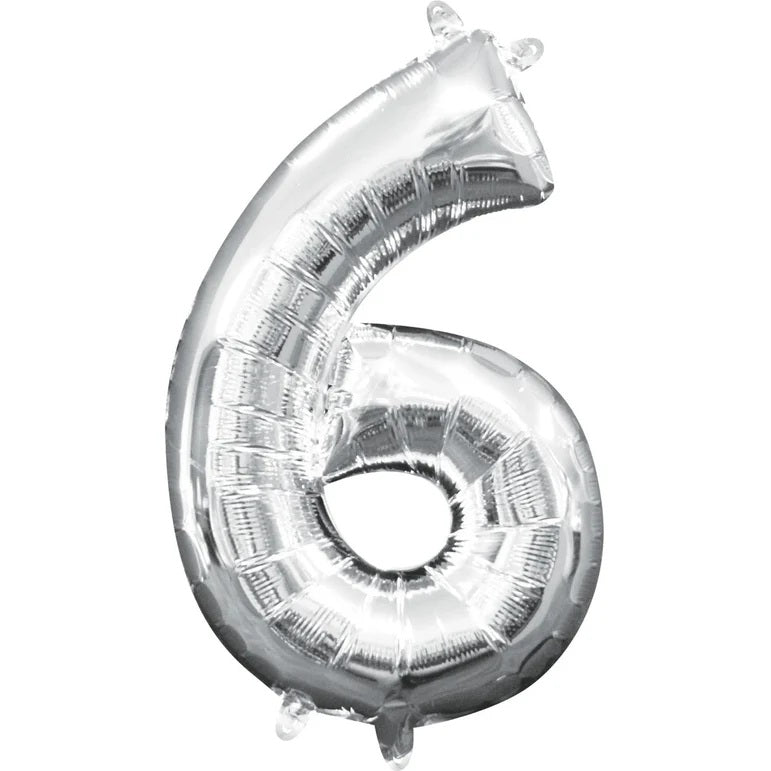 Six Silver Number Foil Balloon - Helium Filled with String